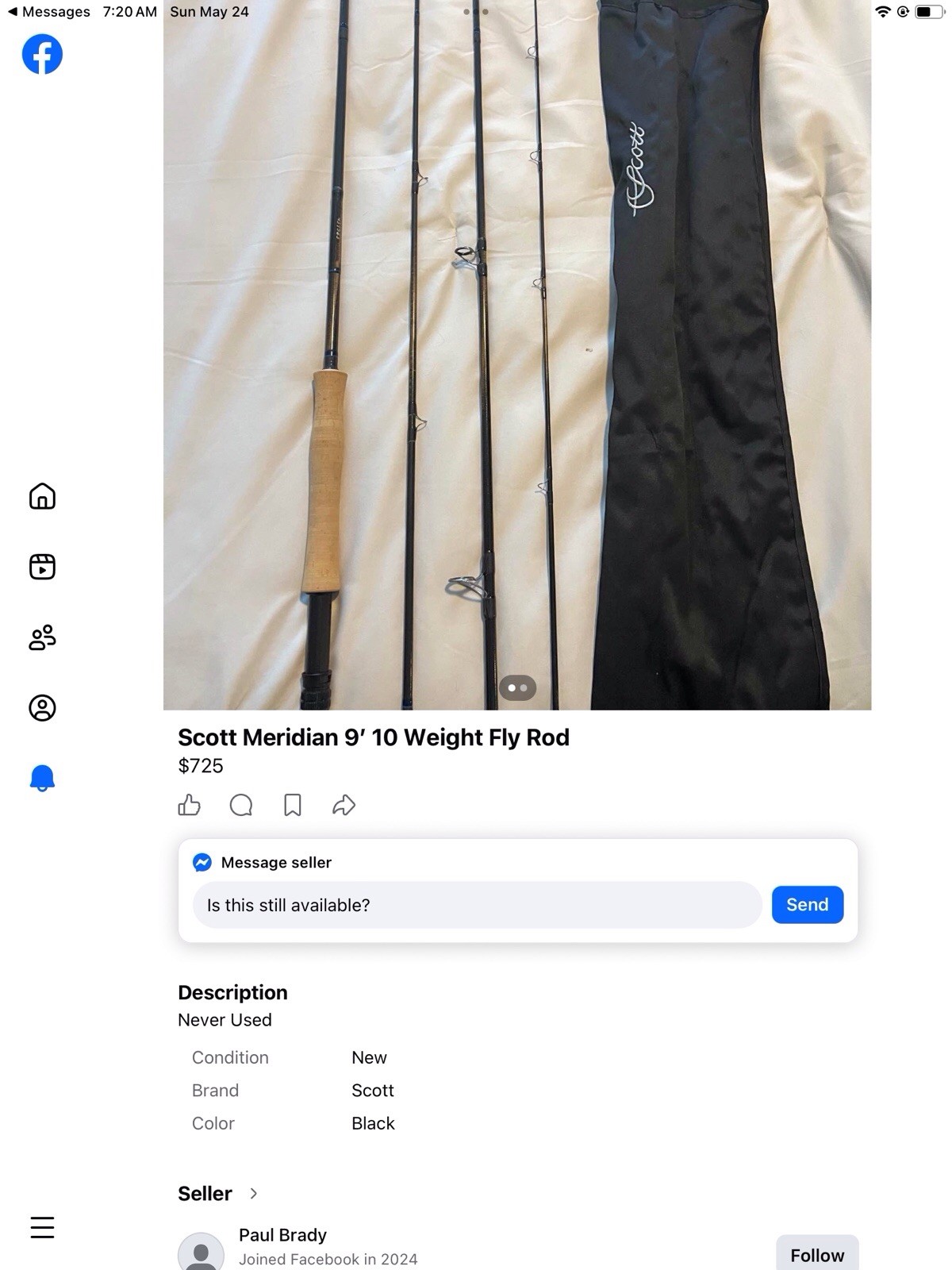 Scott Meridian 9′ 10wt 4pc Fly Rod Fast Action Carbon Fiber Black + Bag