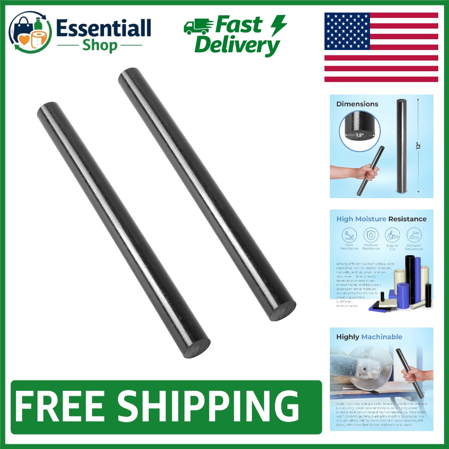 Acetal Copolymer Rods 2-Pack – 1.5″ Dia, 12″ Length – Moisture Resistant