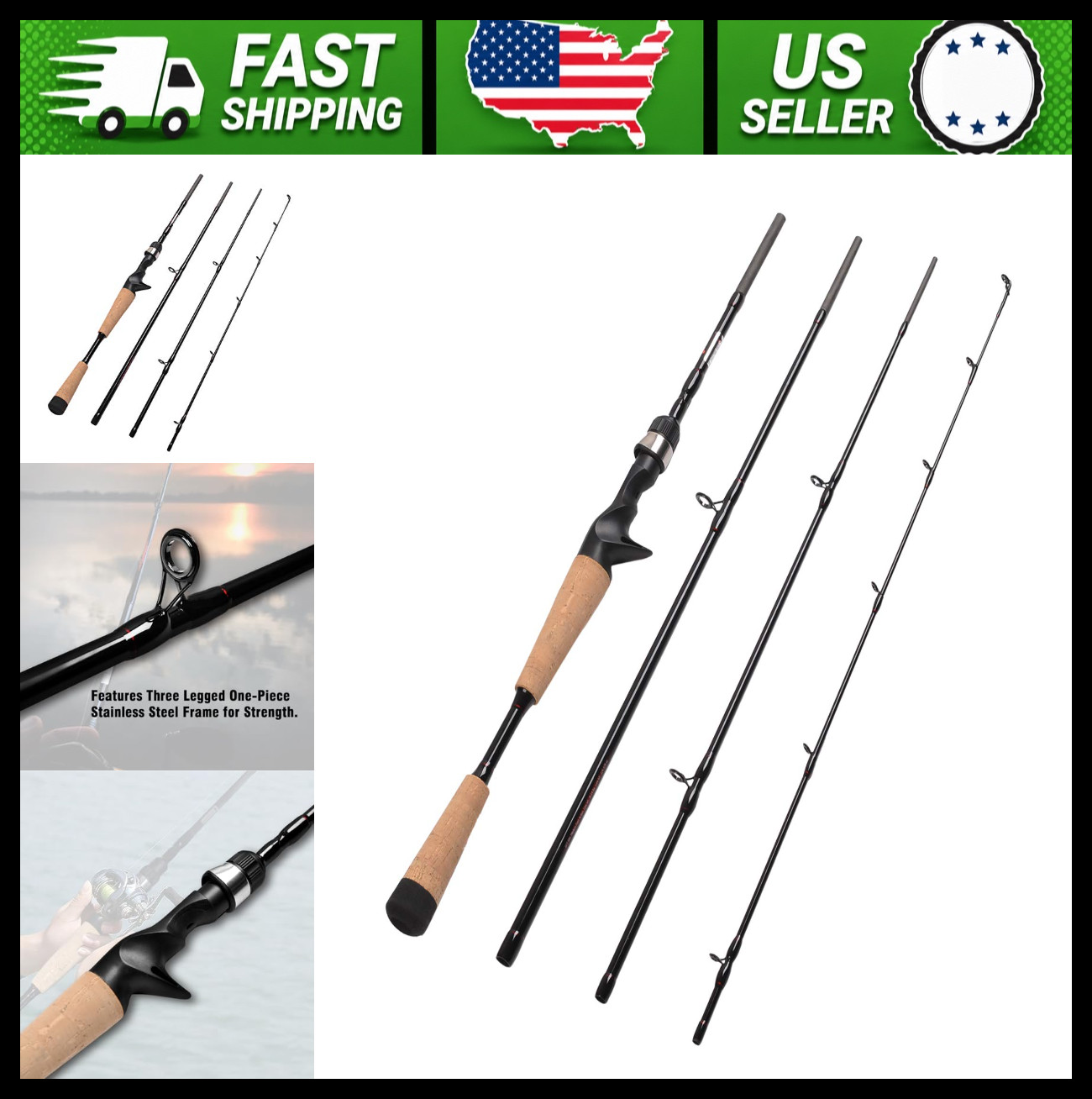 Fiblink 4-Piece Travel Baitcasting Fishing Rod Portable Carbon Casting Rod