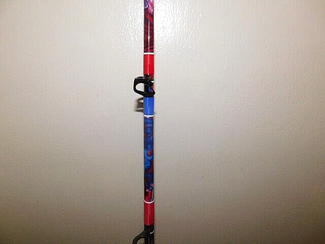 CUSTOM CONVENTIONAL BOAT ROD 7′ RED WHITE BLUE MARBLE 50-80 LB TURBOS NEW