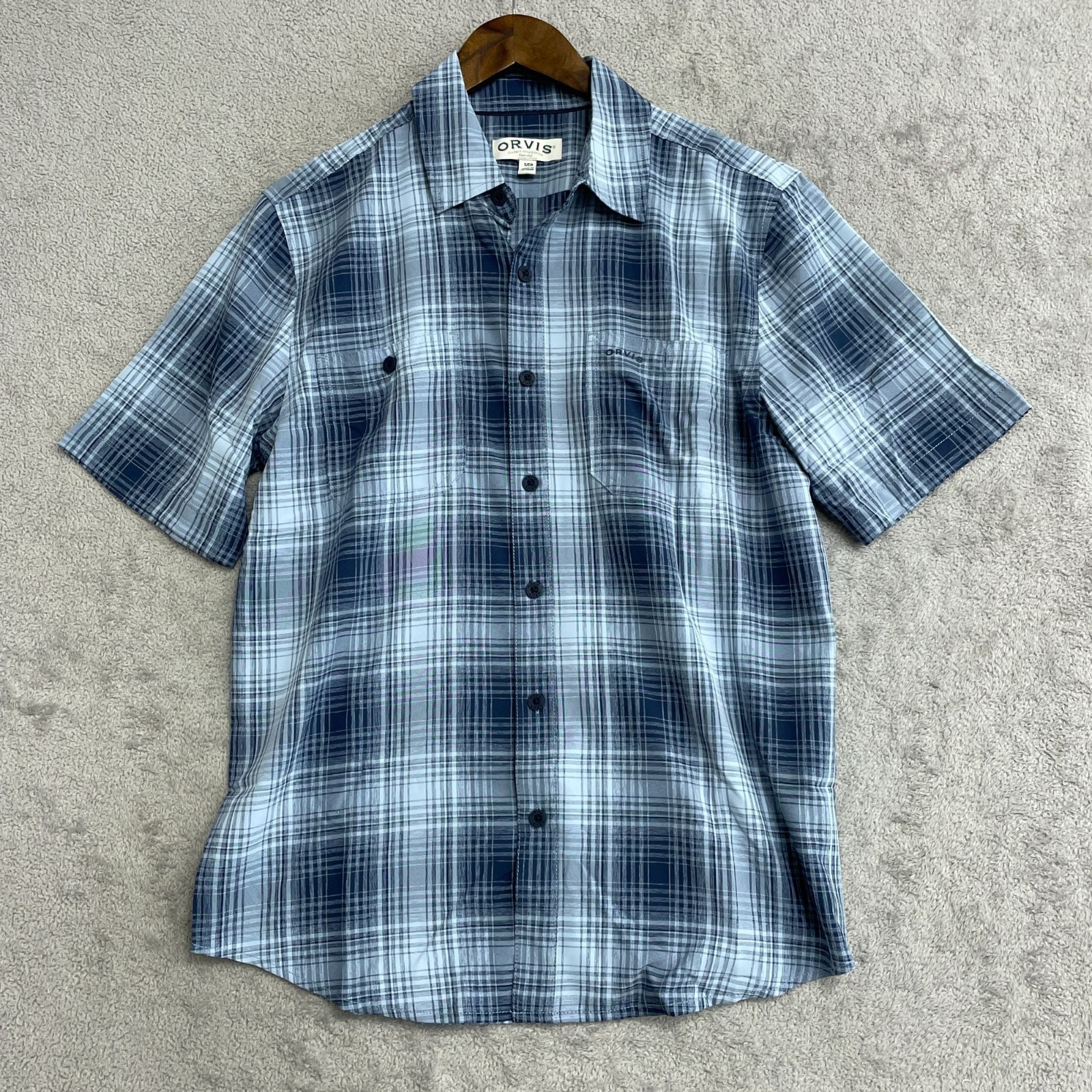 Orvis Men’s S Short Sleeve Tech Shirt Button up Outdoor UPF 30 Blue N0739