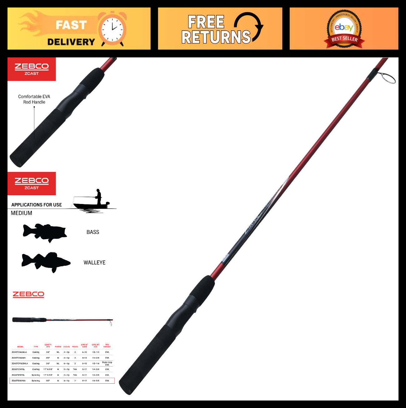 Durable Z-Glass Spinning Fishing Rod with Comfortable EVA Handle & Shock-Ring Gu