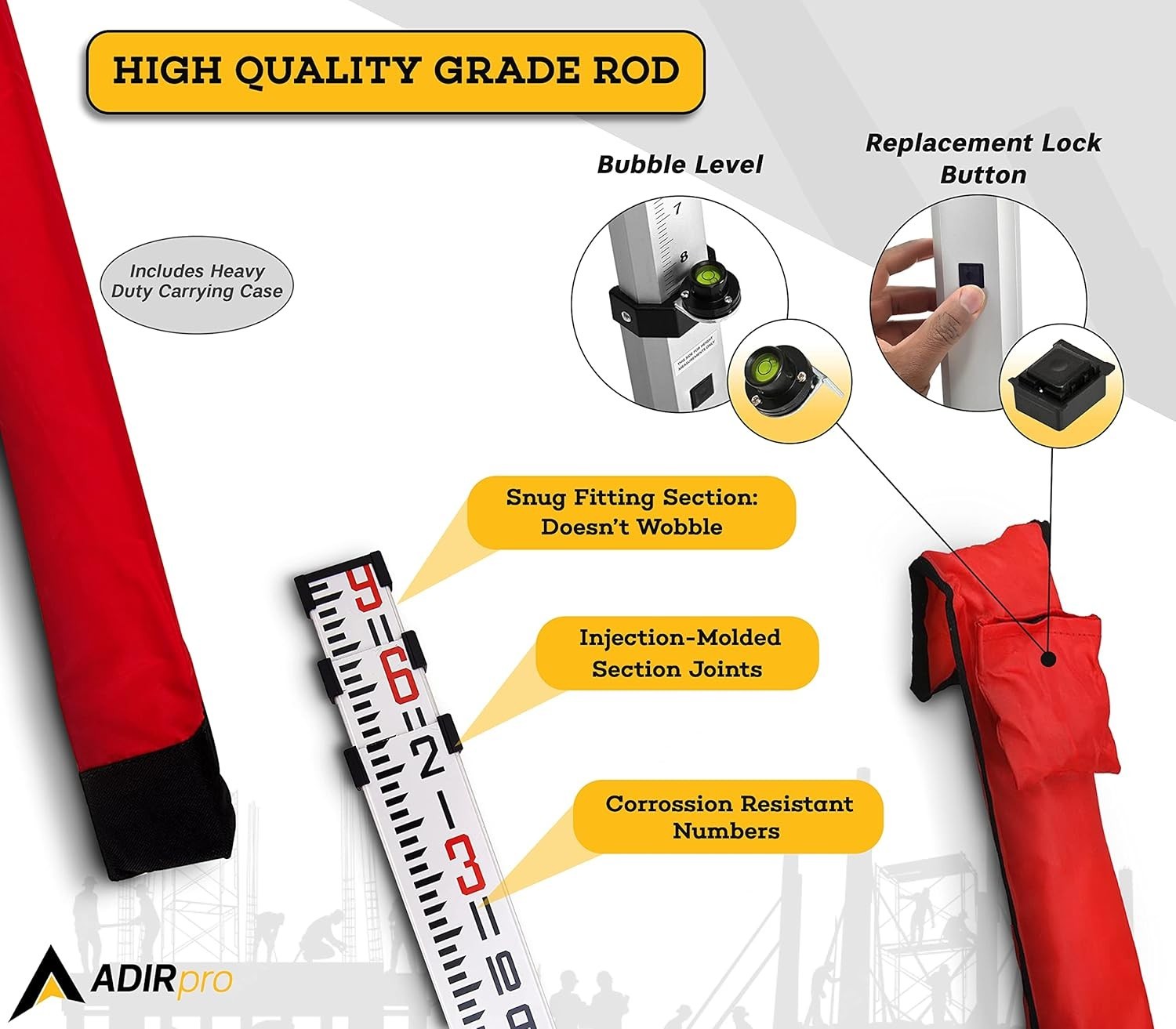 Dual-Sided 9ft Leveling Rod with 8th Foot Graduations & Carrying Case Included