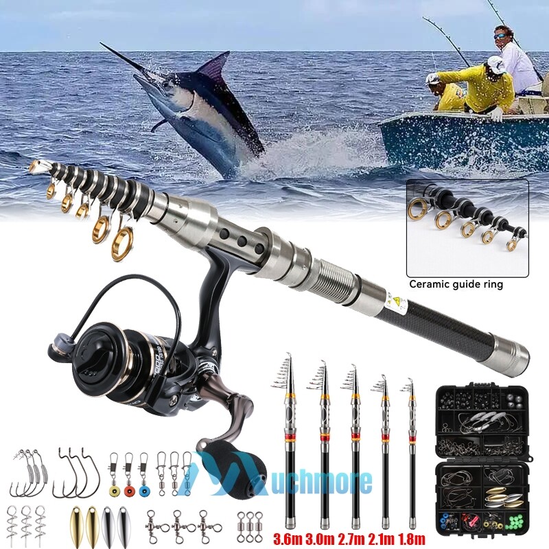 Carbon Fiber Telescopic Fishing Rod Reel Combo w/ Lures Sea Saltwater Freshwater