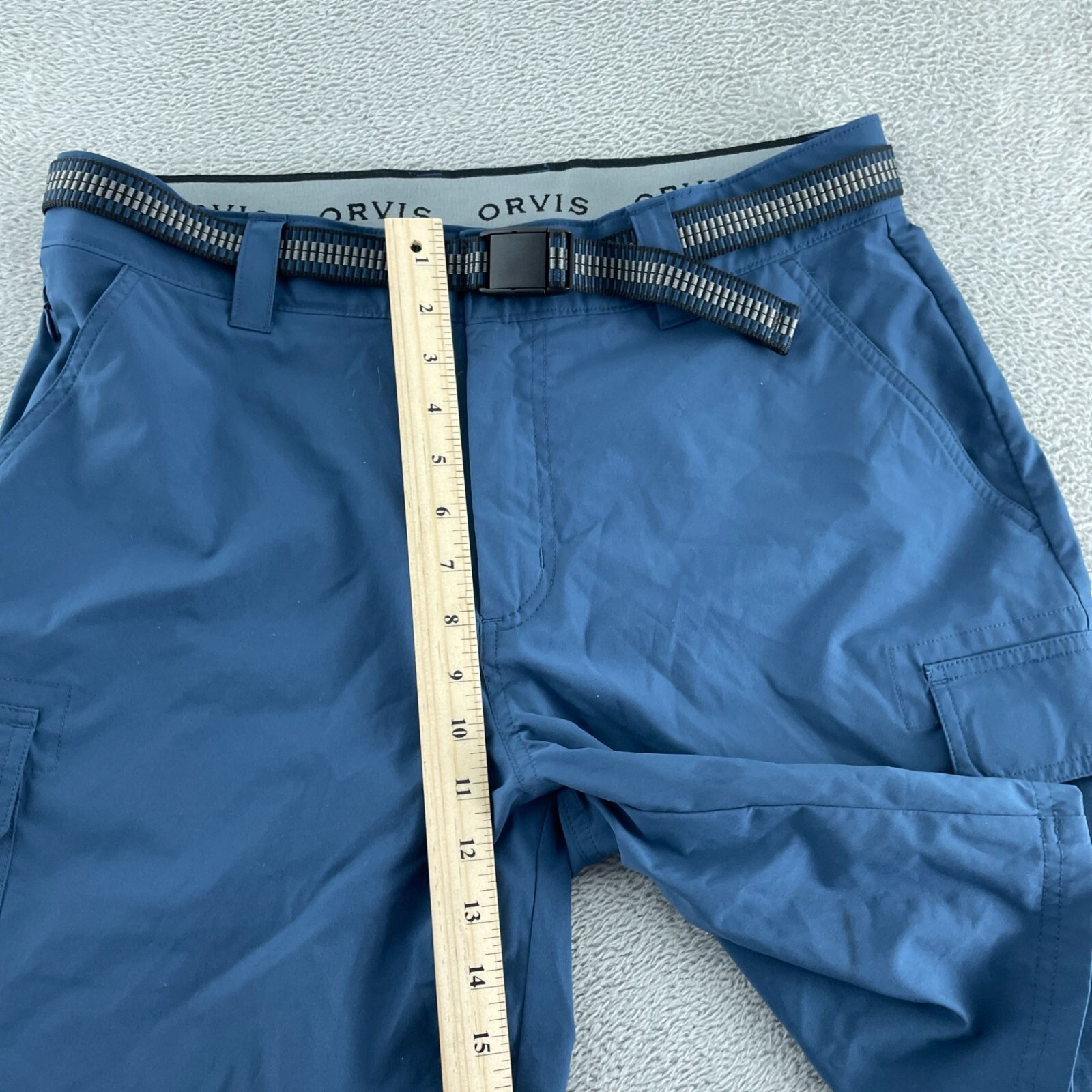 Orvis Mens Cargo Shorts With Built-In Belt Size 32 Blue Stretch Polyester 3925