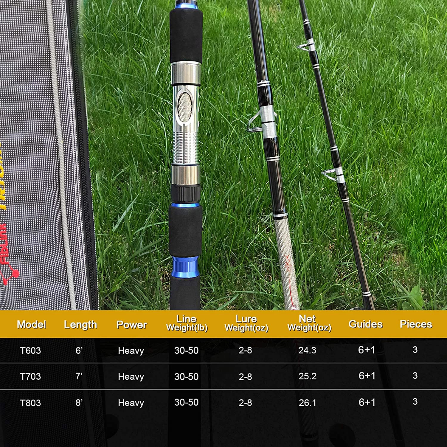 3-Piece Spinning Rod Saltwater Portable Travel Fishing Pole 30-50LB 6/7/8 Feet