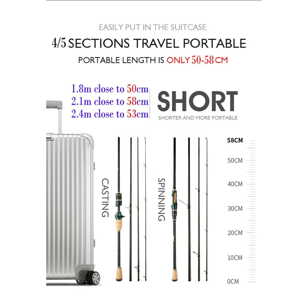 Spinning Casting Carbon Fishing Rod 4-5 Sections 1.8m/2.1m/2.4m Travel Rod