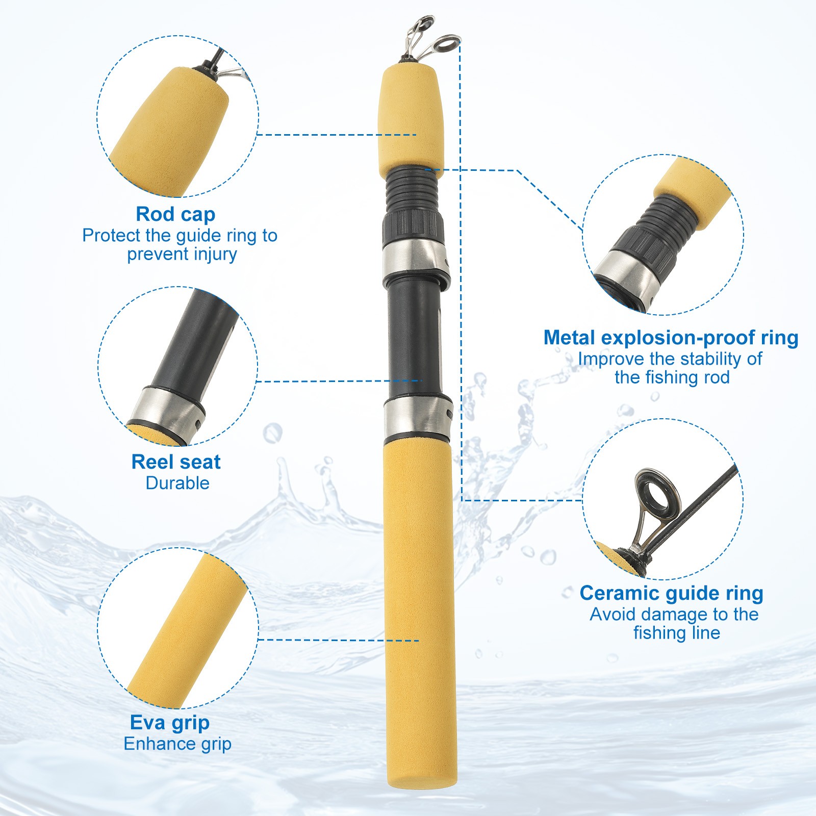 Telescopic Fishing Rod 24 Inch, Lightweight Collapsible, Light Yellow / Black