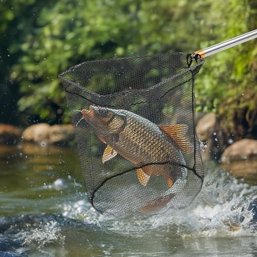 Adjustable Fishing Net with 40-84in Extension Rod, Stainless Steel Handle, for