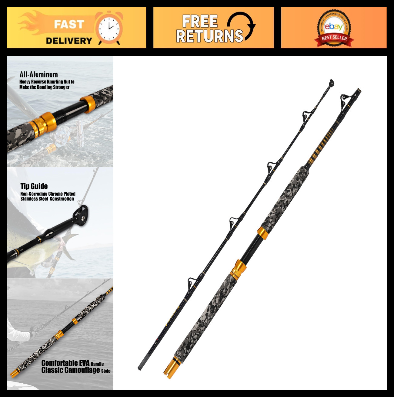 6ft Saltwater Trolling Rod – Big Game Fishing Pole for Offshore Boat Use