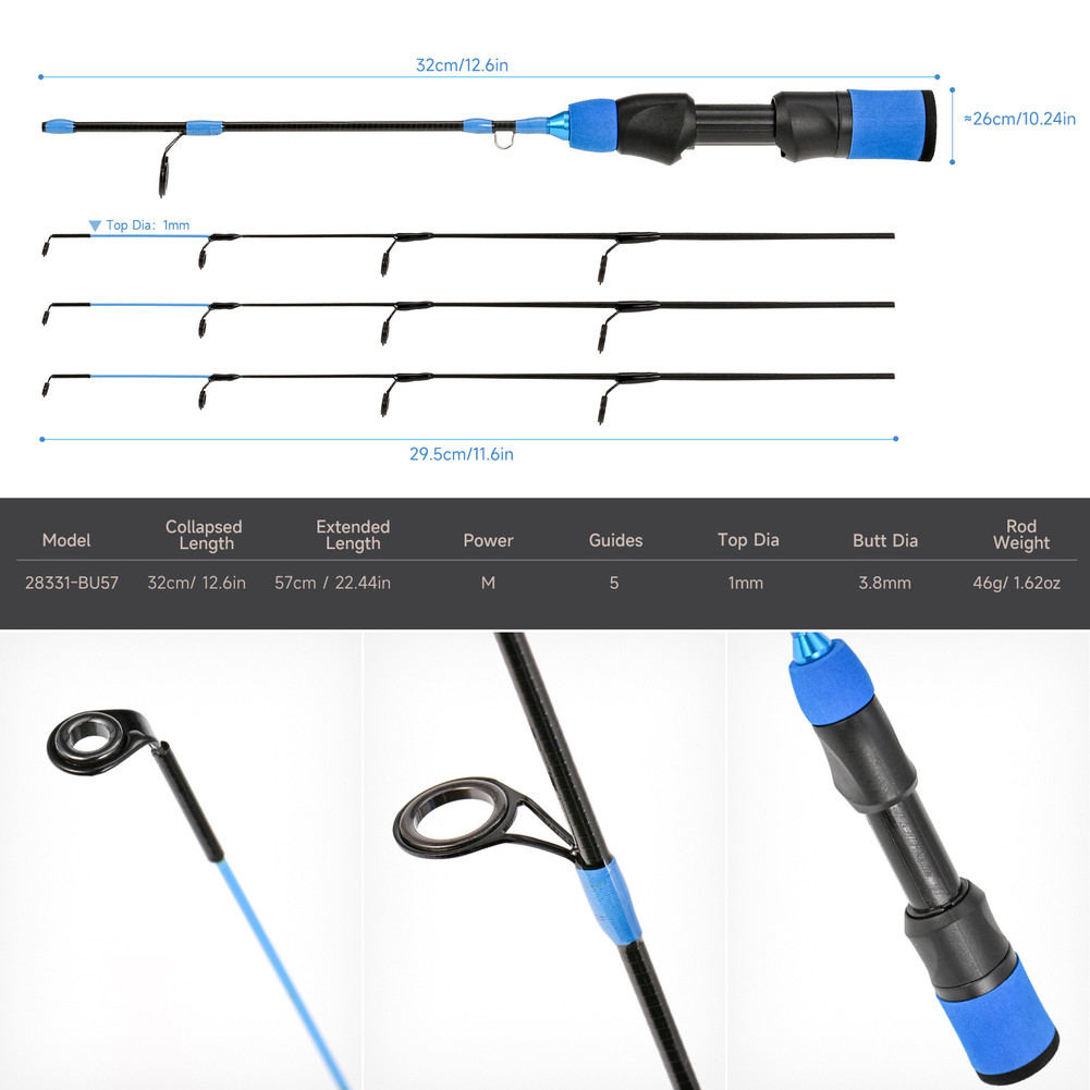 Short Carbon Ice Fishing Rod 57cm Soft Tuning 3 Tip Sections For Small Fish