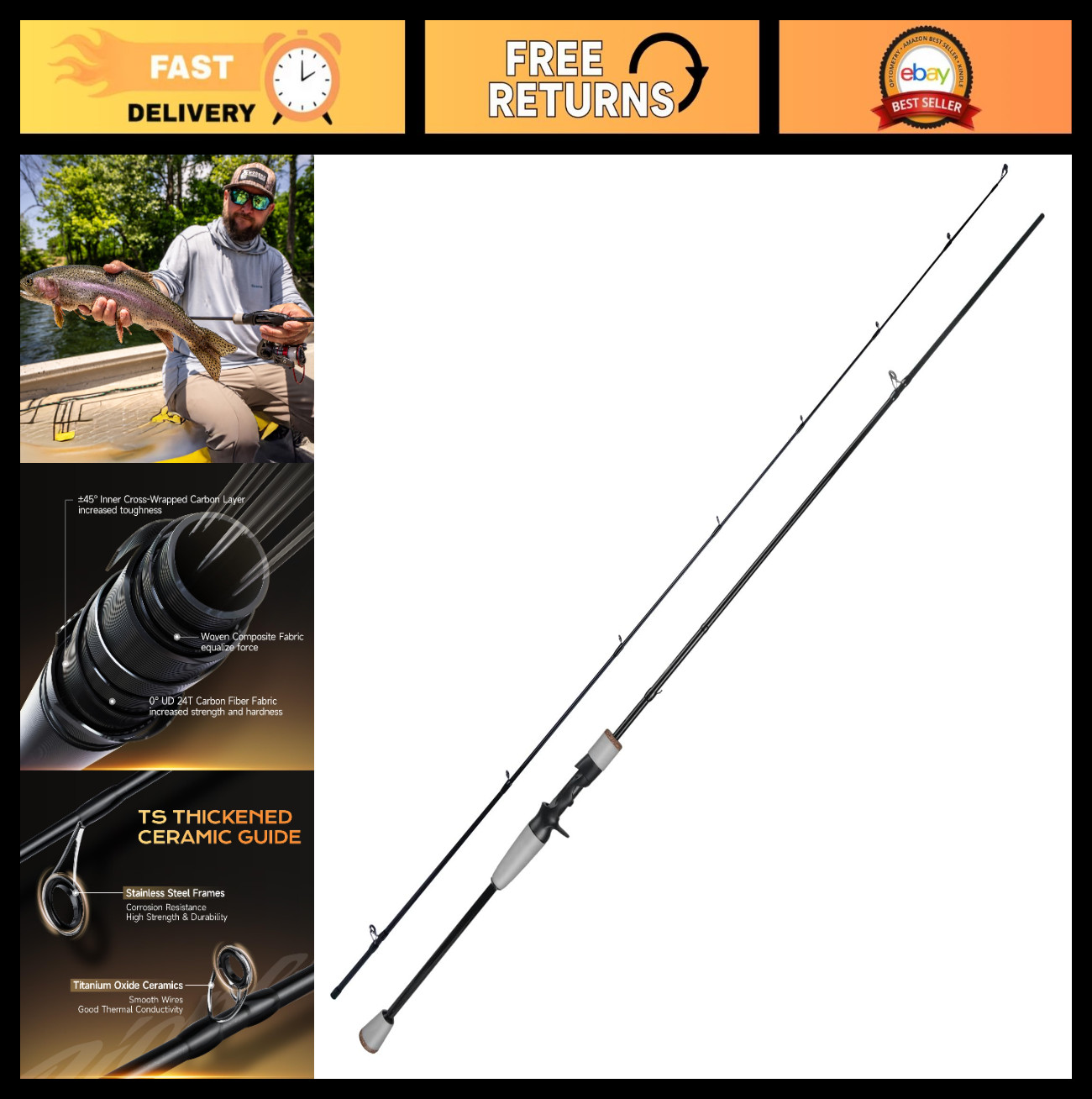 Ultralight 2-Piece Fishing Rod Spinning & Baitcaster – Carbon Fiber, EVA Handle,