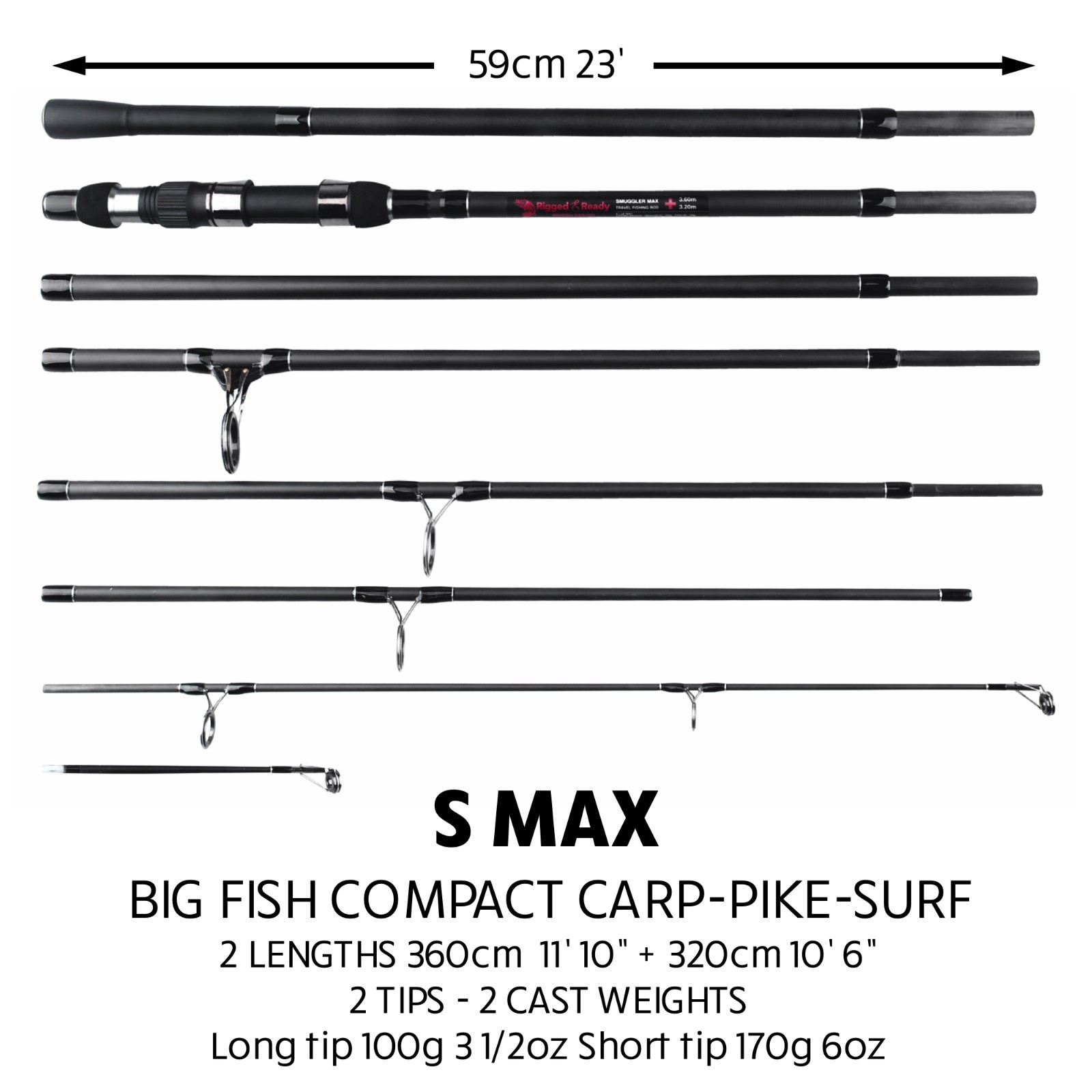 S Max Strong Predator Surf Compact Multi-use Travel Fishing Rod & Case 11’ 10”