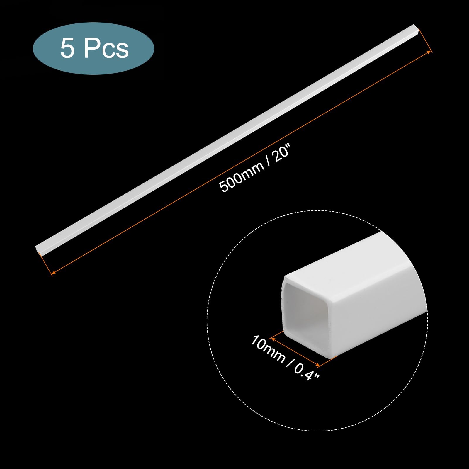 5pcs 20 Inch Plastic Model Tube ABS Solid Square Bar 0.4×0.4 Inch White