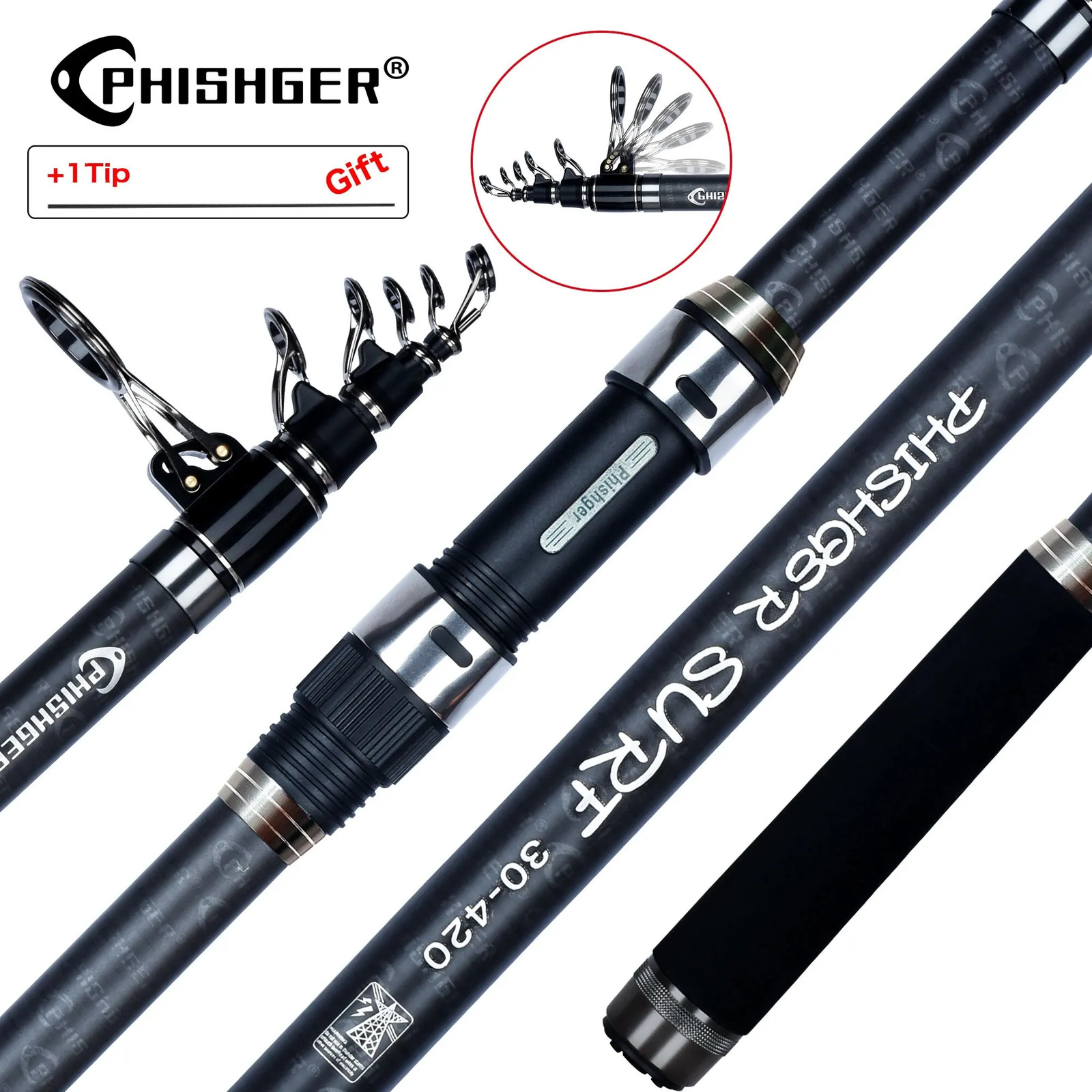 PHISHGER Telescopic Surf Fishing Rod 30T Carbon 80-150g 3.6-4.5m Travel Shore