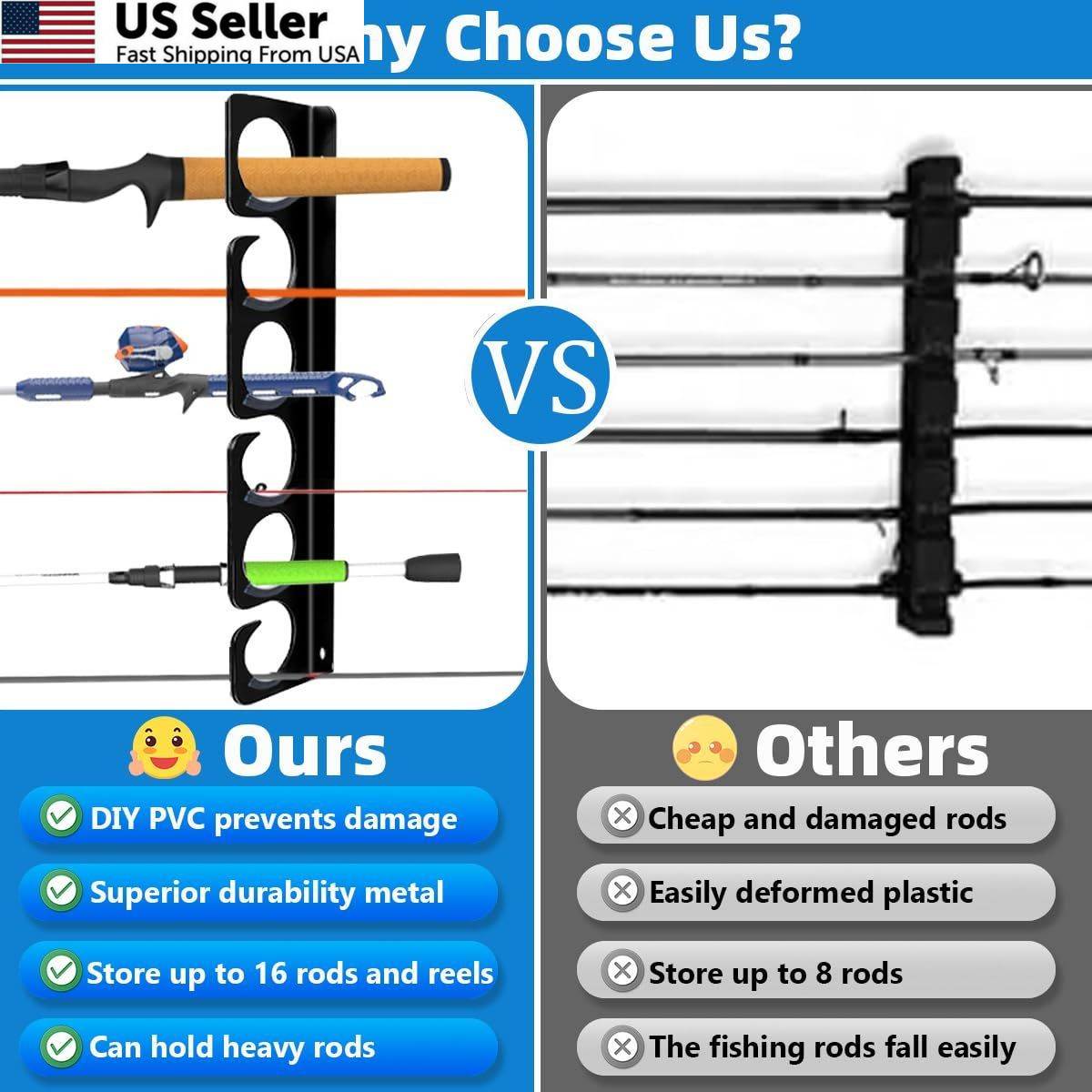 Fishing Rod Rack Pole Wall or Ceiling Storage Holder Hook Keeper Large, Black