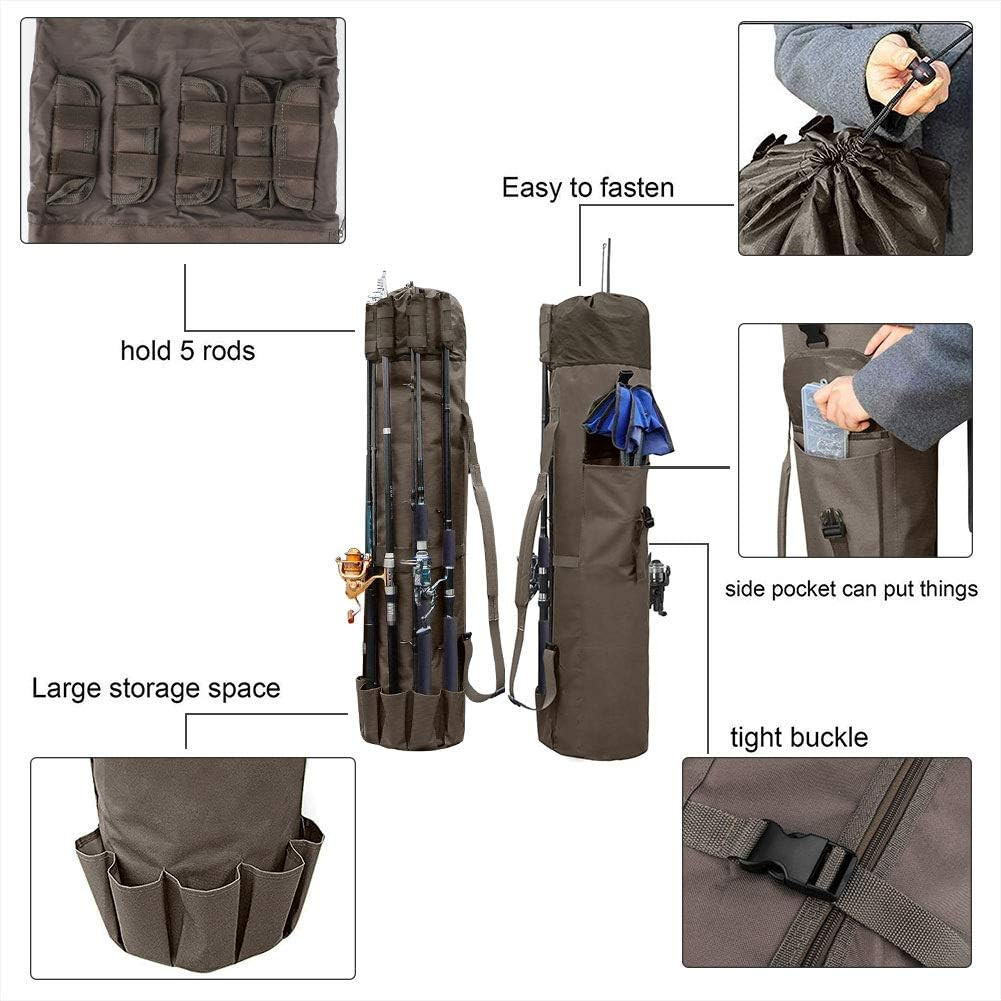 Durable Canvas Fishing Rod & Reel Organizer Bag Travel Carry Case Bag- Holds 5 P