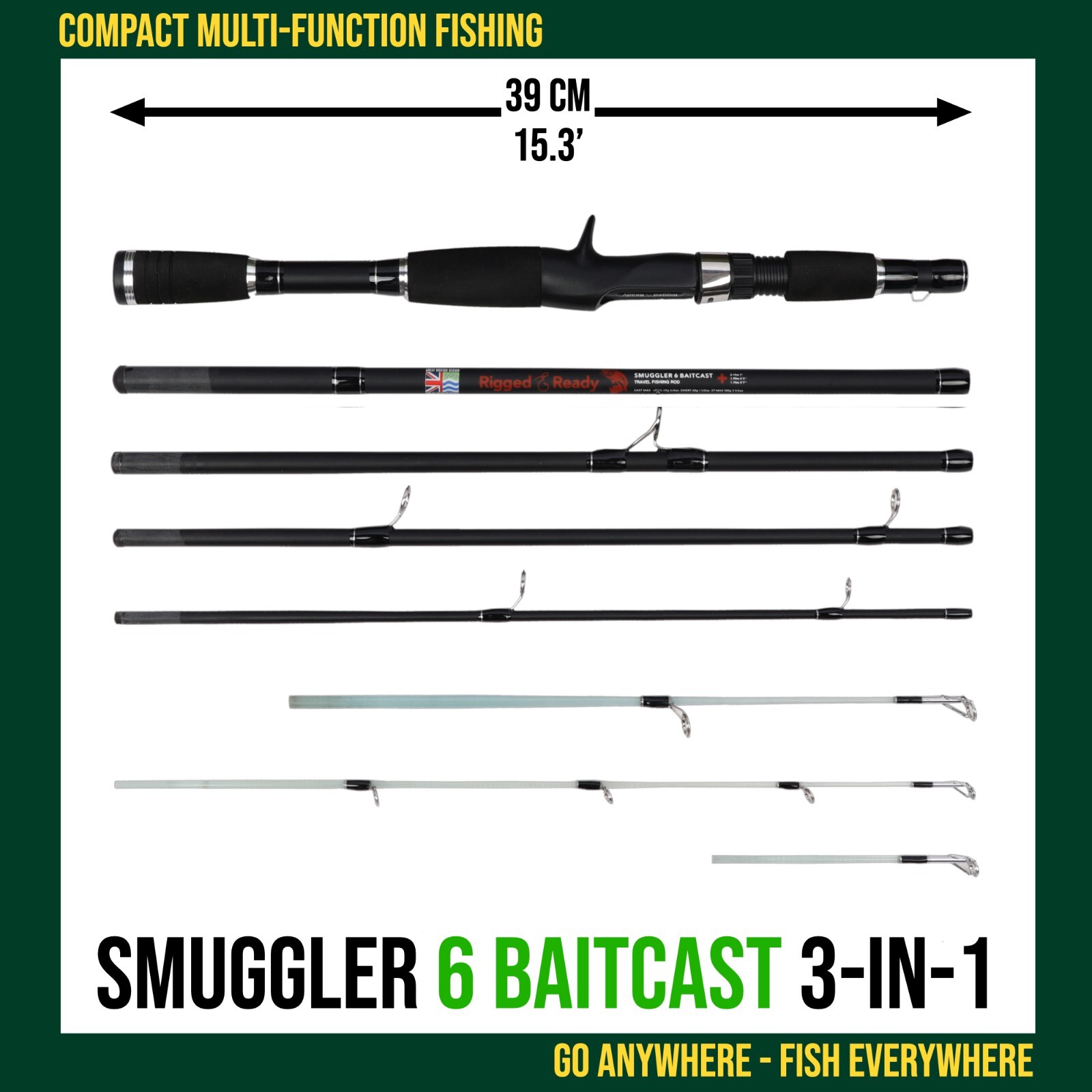 Smuggler 6 Baitcast Compact Travel Fishing Rod & Case 7’ -Spin,General Fishing