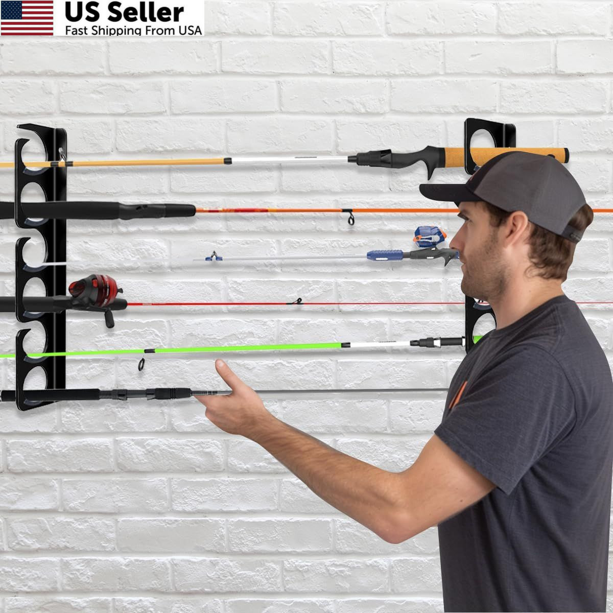 Fishing Rod Rack Pole Wall or Ceiling Storage Holder Hook Keeper Large, Black