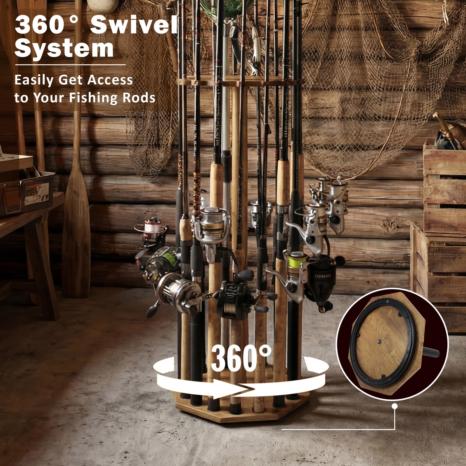 Rush Creek Creations 16-Rod Round Fishing Rod Holder for 16-Rod, Wood Grain