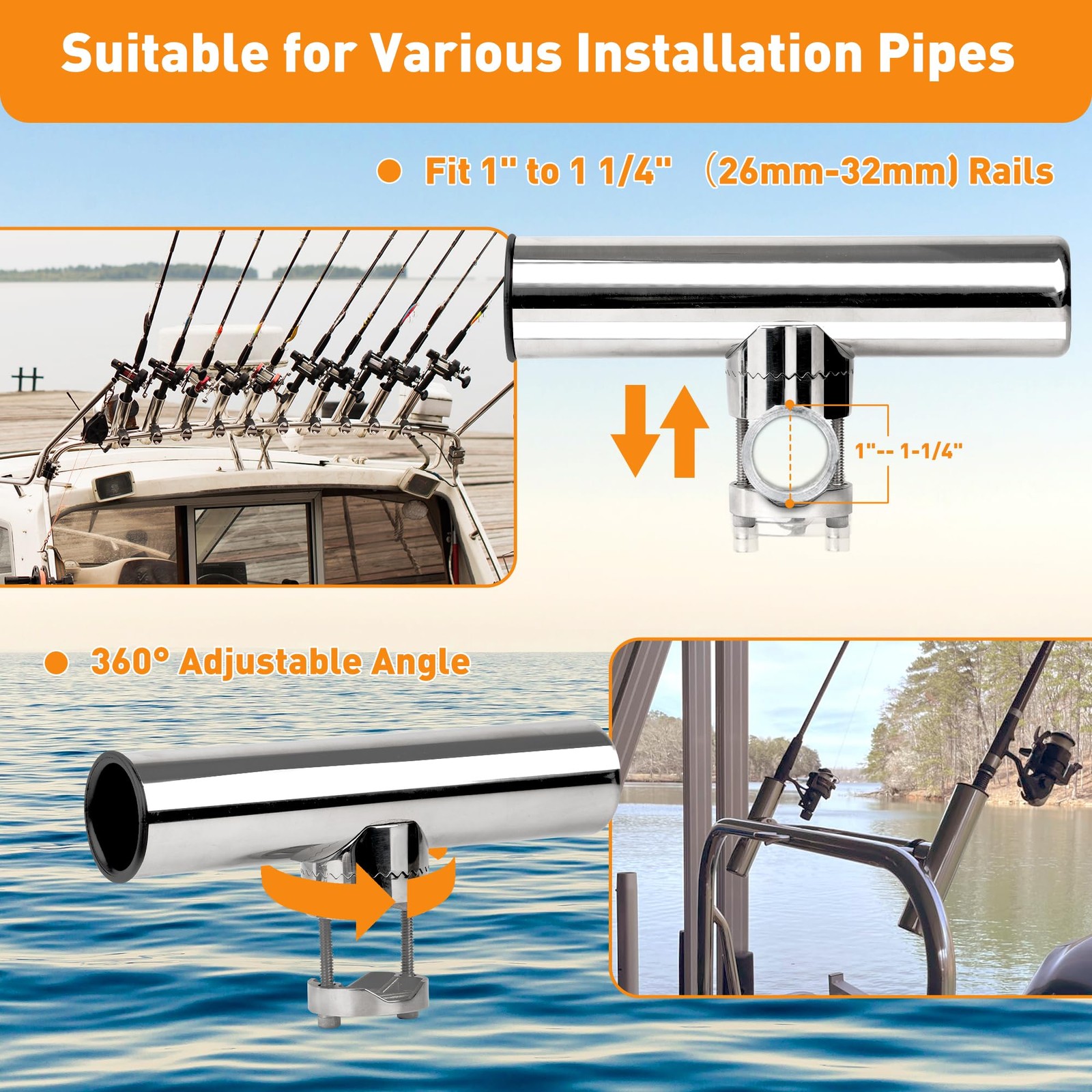Xinkunmarine 2 Pack Fishing Rod Holders For Rail Mount Stainless Steel Clamp On