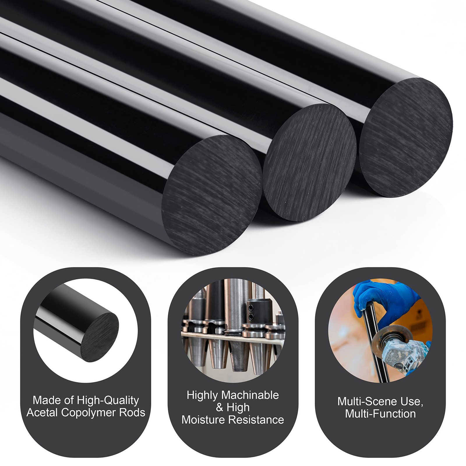Round Acetal Copolymer Rods Black Opaque Solid Plastic 1×12 Inch 3 PCS