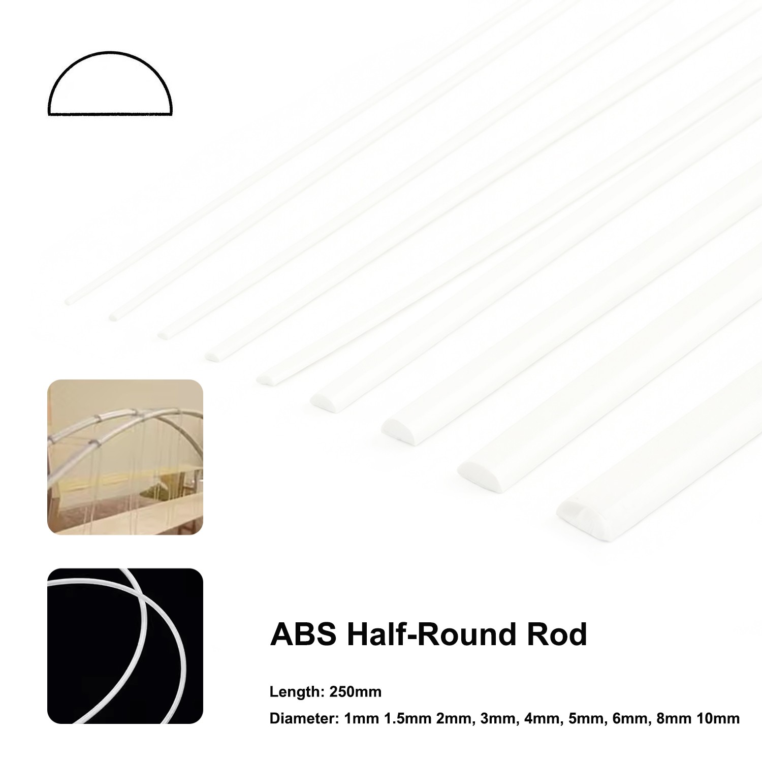 10Pcs ABS Plastic Half-Round Rods for Architectural Model & DIY Sand Table