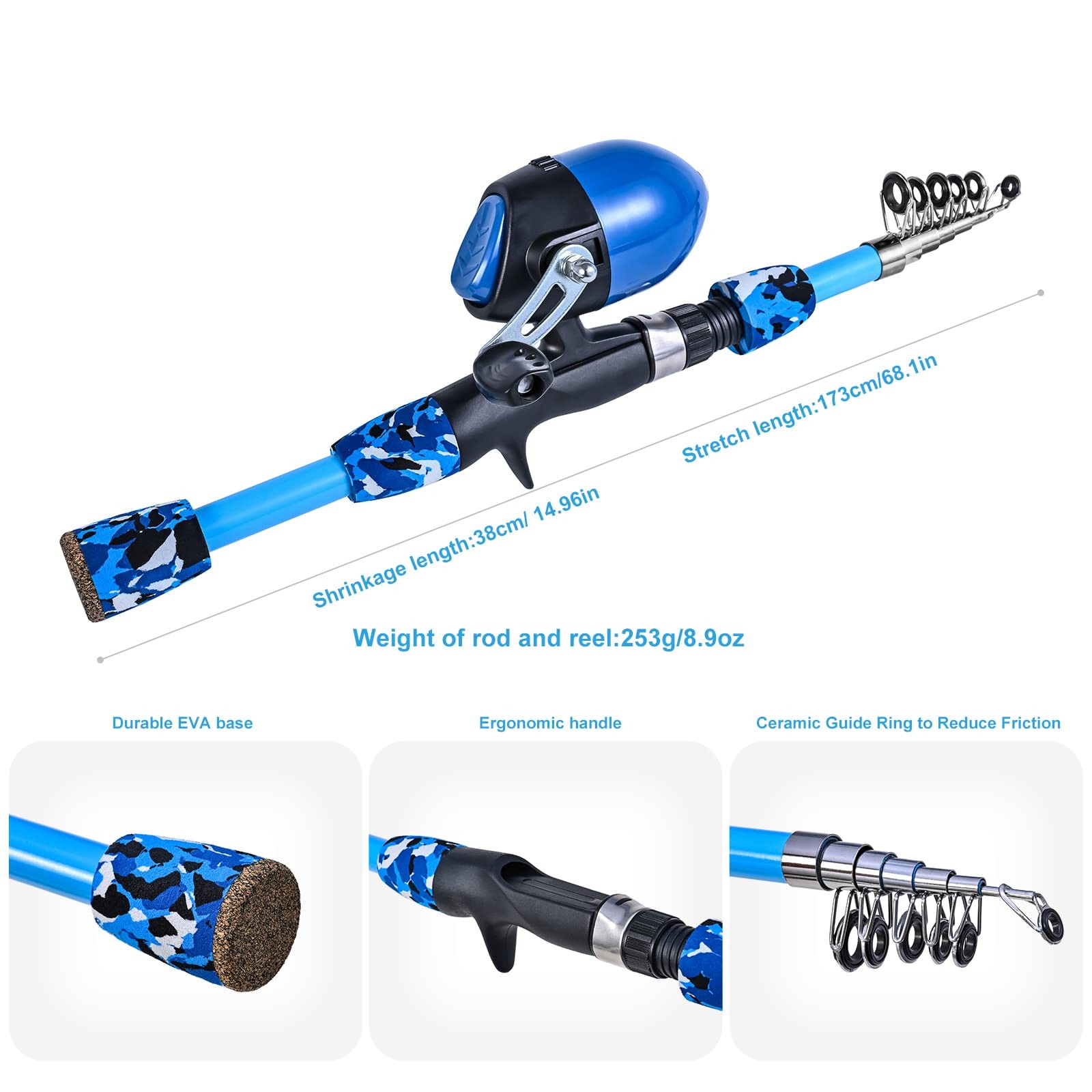 CODEK Kids Fishing Pole Set Portable Telescopic 170cm/5.6ft, Blue