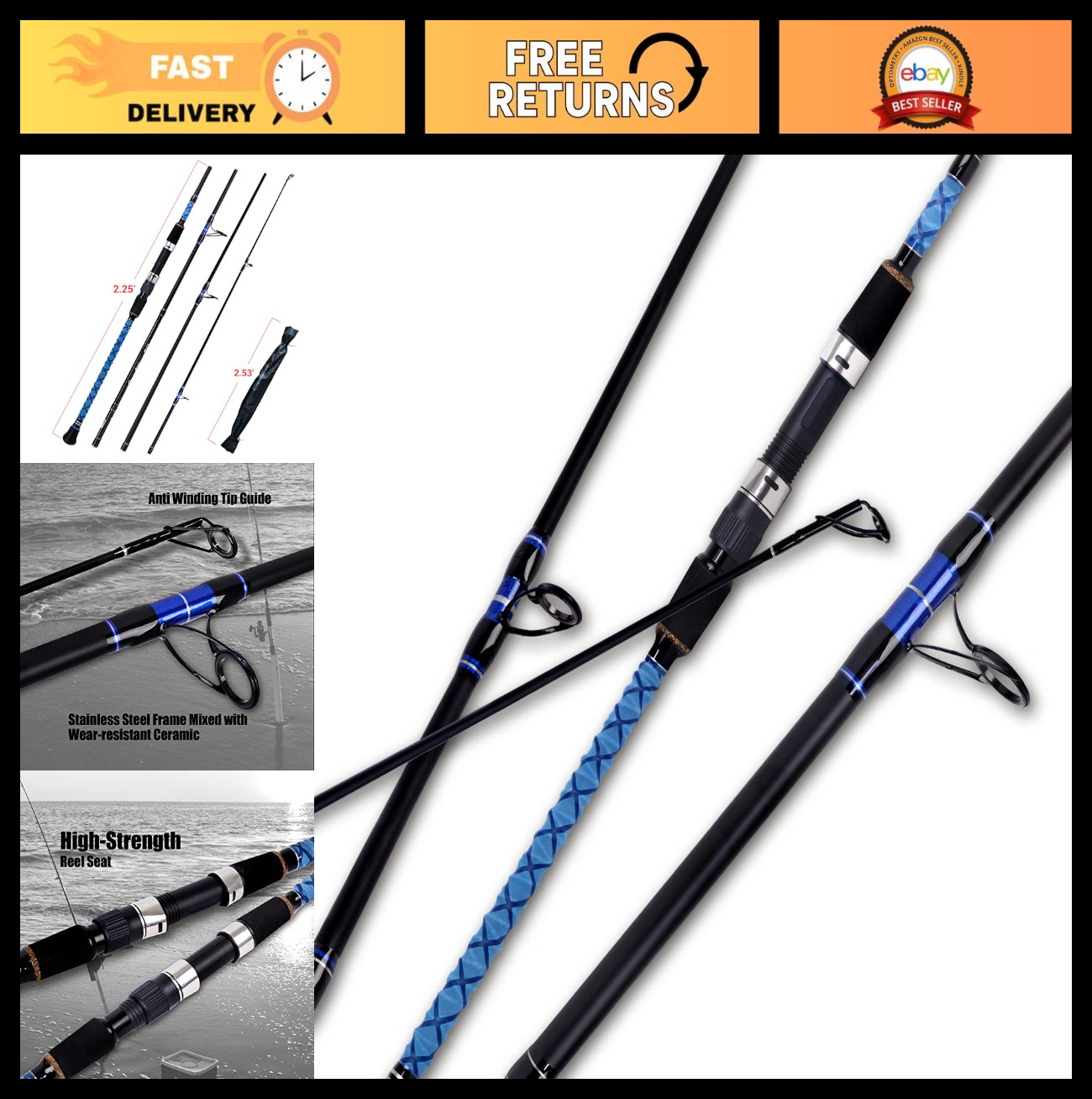 Carbon Travel Surf Spinning Fishing Rod – 2/3/4 Piece, 9′-15′, Lightweight & Dur