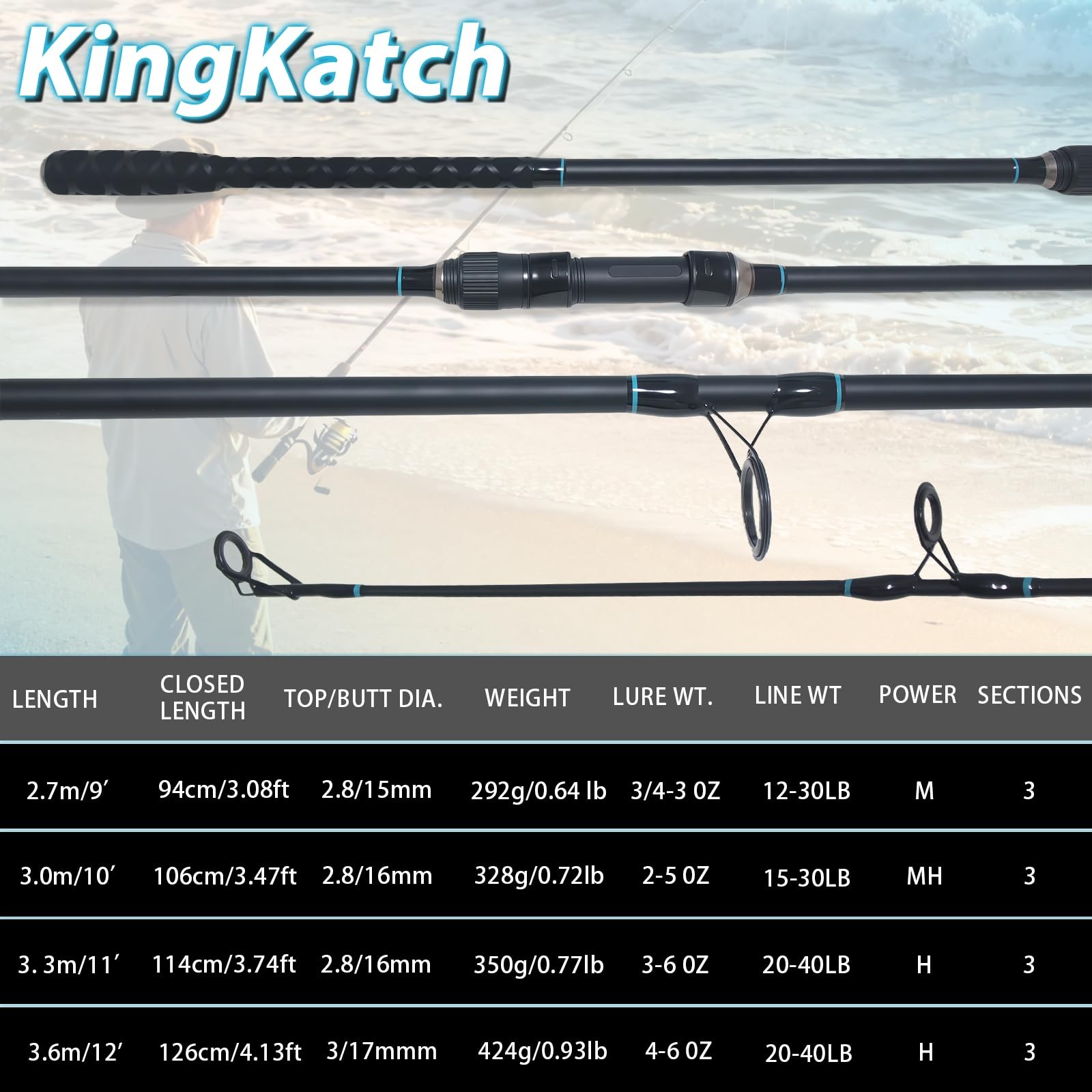Kingkatch Surf Spinning Fishing Rod 9/10/11/12 3-Piece Carbon Fiber Saltwater