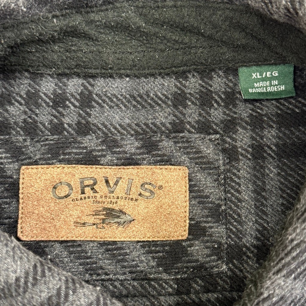 Men’s Orvis Heavyweight Black Gray Plaid Casual Button Down Shirt XL
