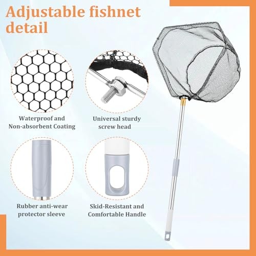 Adjustable Fishing Net with 40-84in Extension Rod, Stainless Steel Handle, for