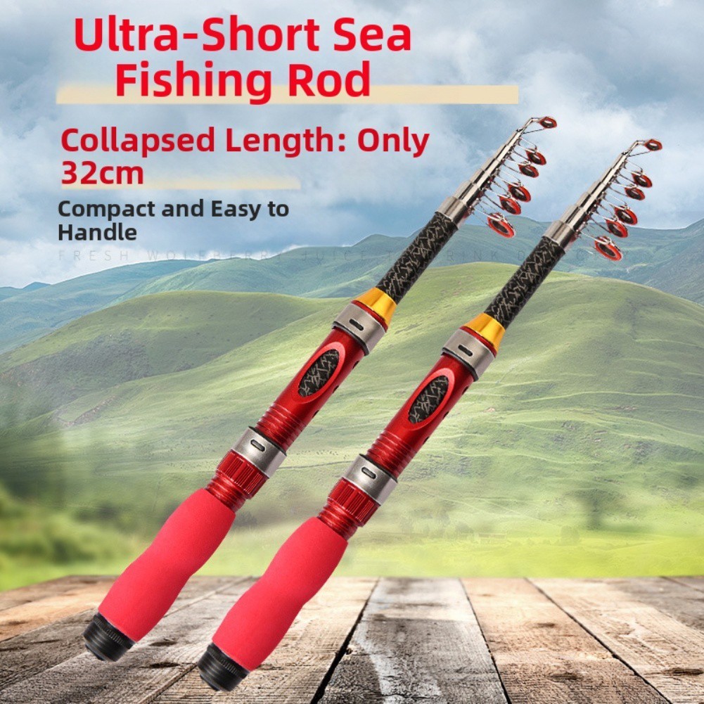 Portable Red Fishing Rod Set 1 to 2 Short Sea Pole with Hook Lures and Bag
