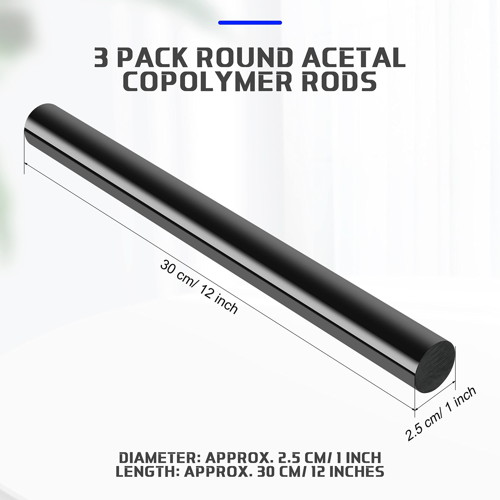 Round Acetal Copolymer Rods Black Opaque Solid Plastic 1×12 Inch 3 PCS