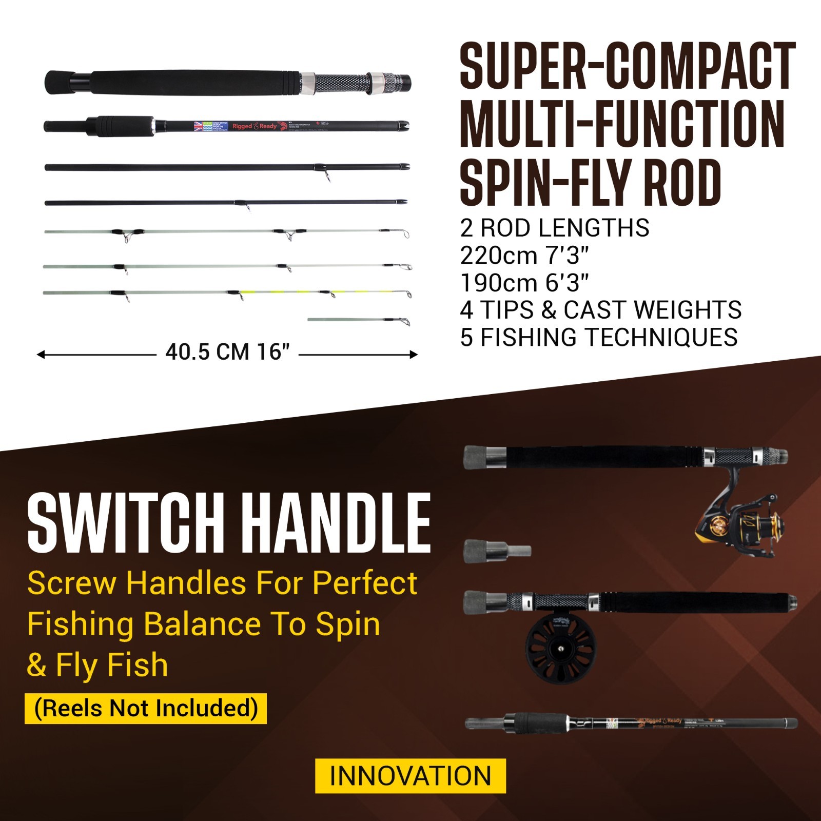 X5 Compact multi-functional Travel Fishing Rod 7’ 3”+ case,Spin-Bait-Fly Fishing