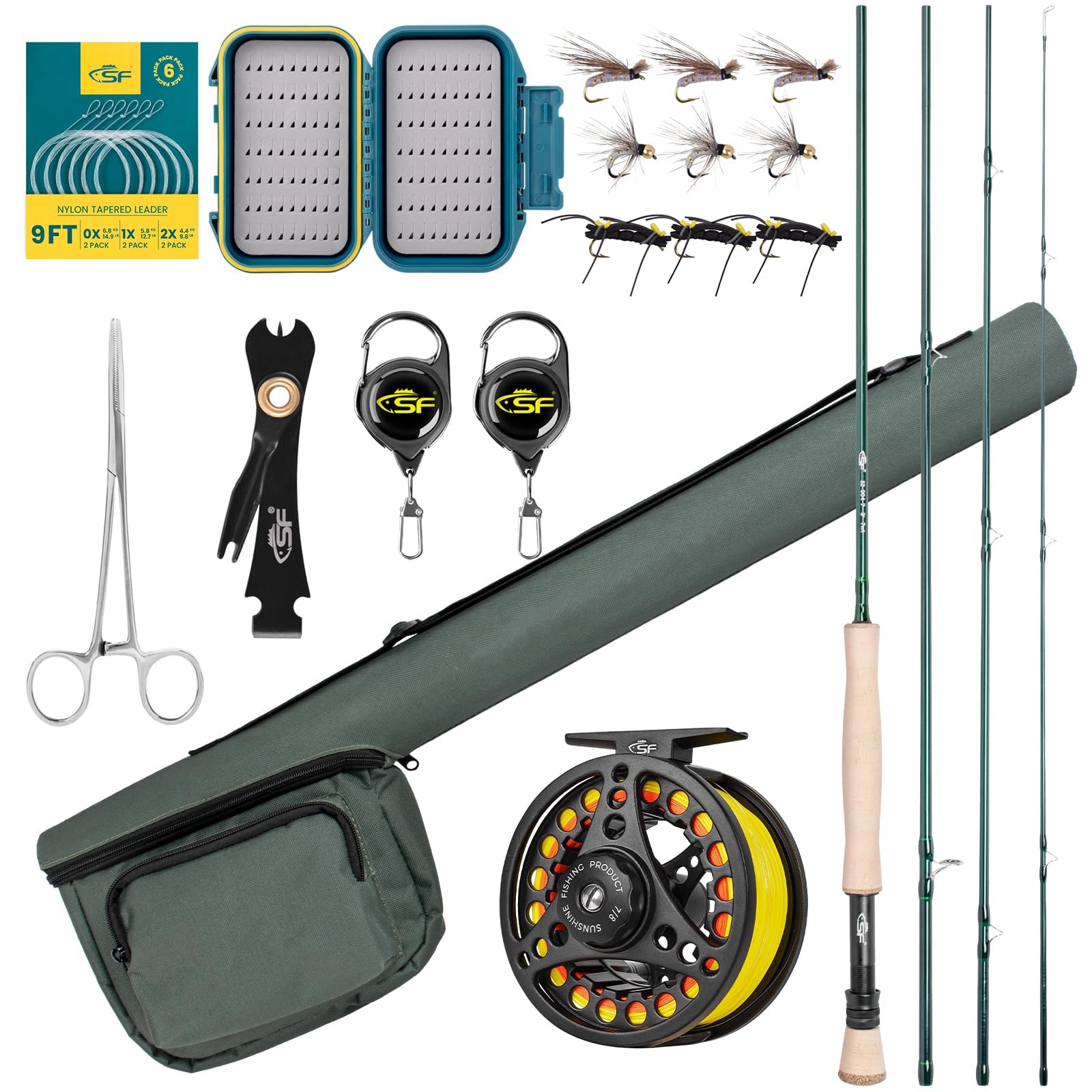 SF Fly Fishing Rod Combo Starter Kit 4 Piece 7WT 9FT Emerald Green 24T Carbon…