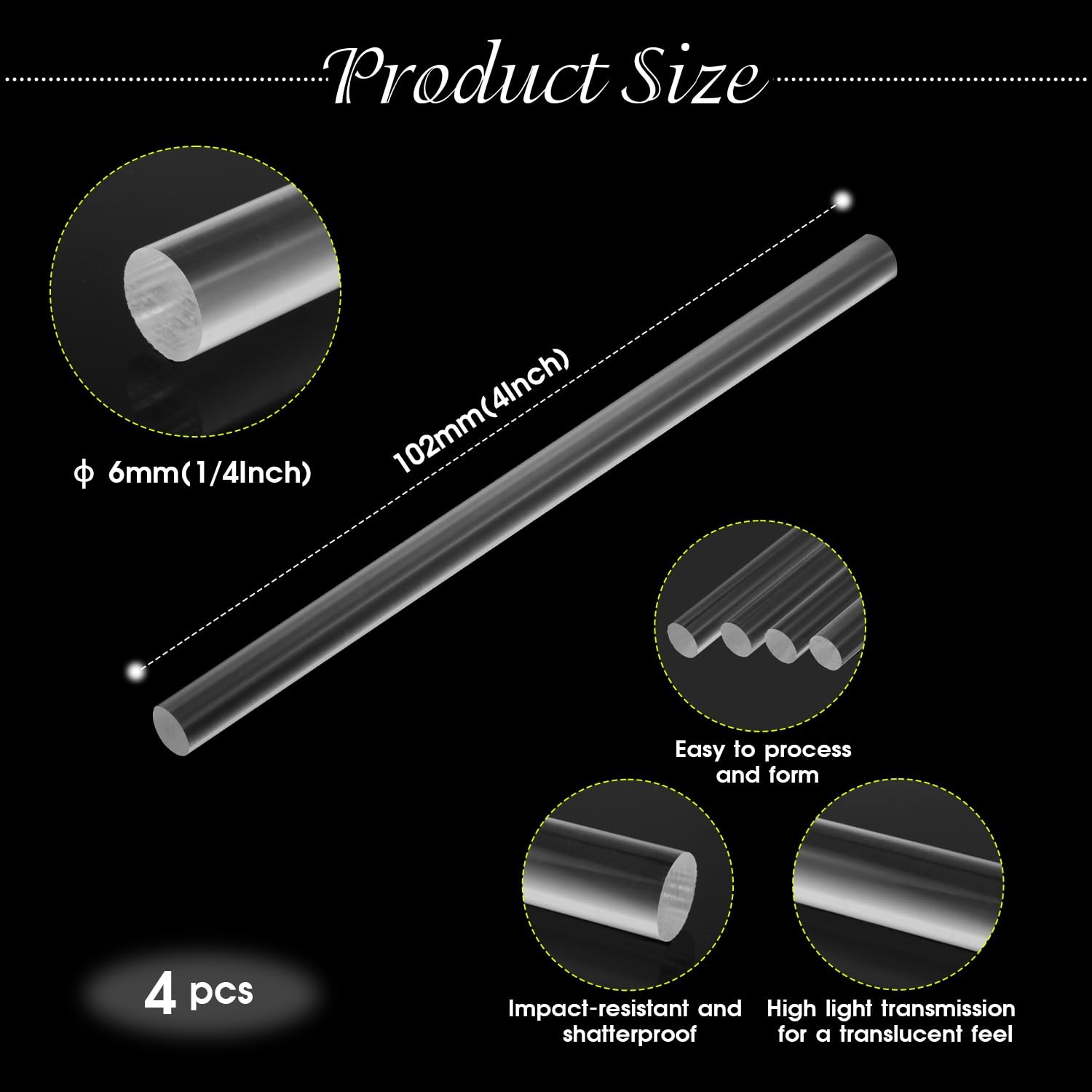 4 PCS Clear Acrylic Dowel Rods 1/4 Inch 4 Inch Sticks 6×102 mm DIY Crafts
