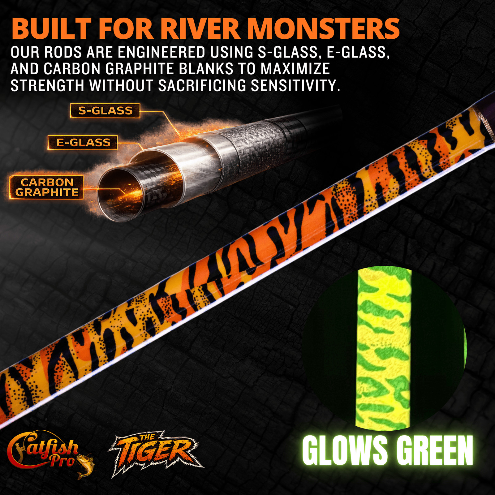Catfish Pro Limited Edition The Tiger 7’6″ Glow-in-Dark Spinning Rod