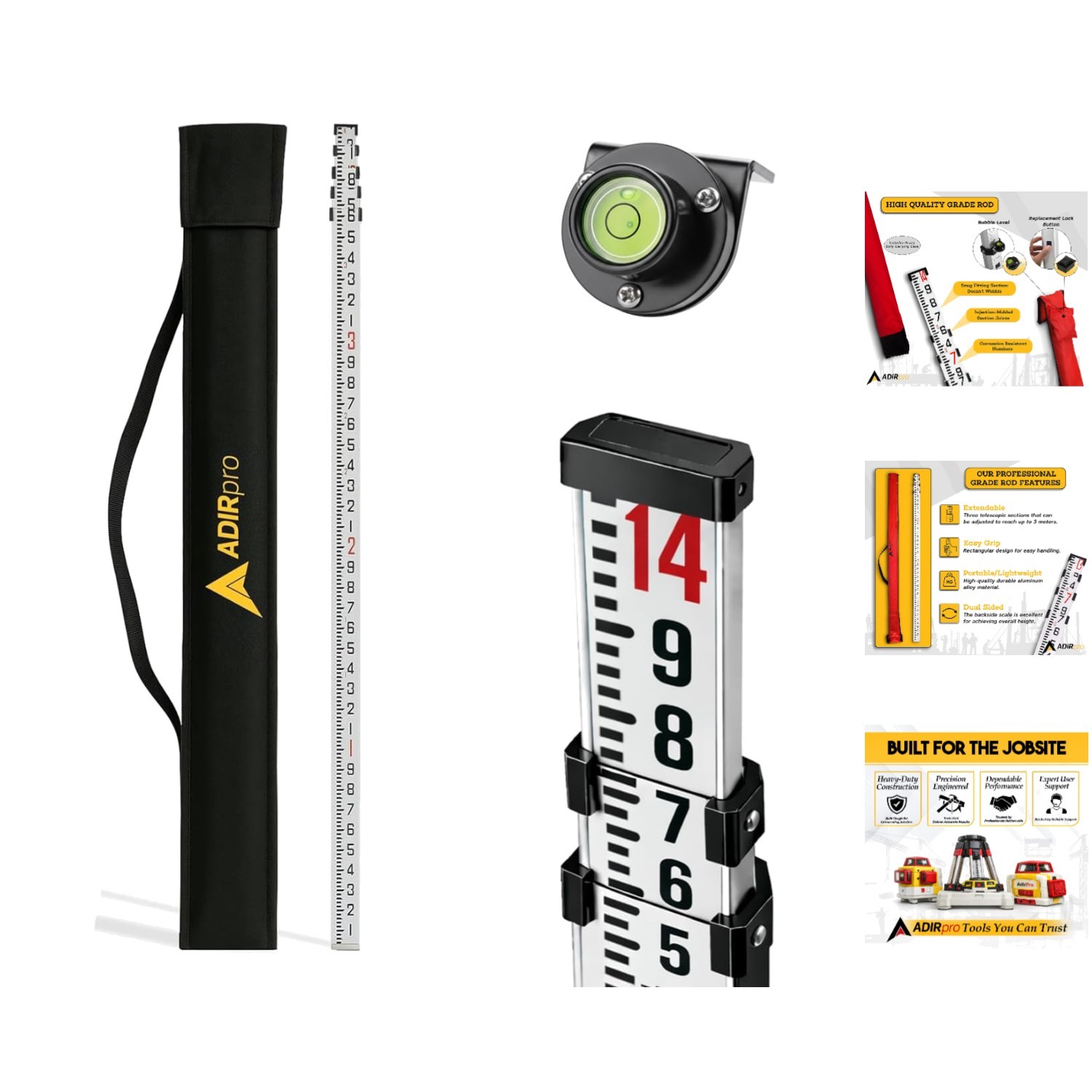 Extendable 14 ft Aluminum Grade Rod | Clear Dual Graduations & Soft Carrying Bag