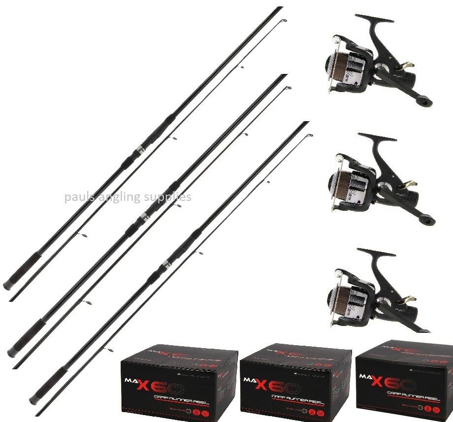 3 x Carp Fishing Rods And Reels 12ft Fishing Rod With Reel And Line