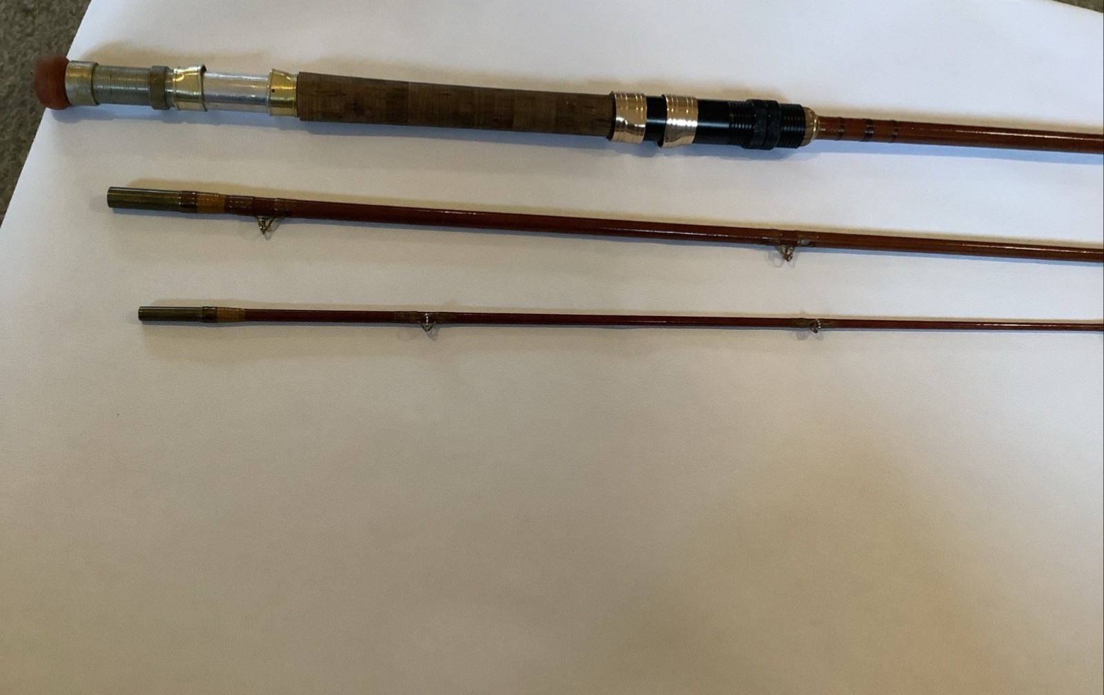 12 ft /Vintage fibreglass fishing rod in 3 pieces w/cork handle & cloth bag