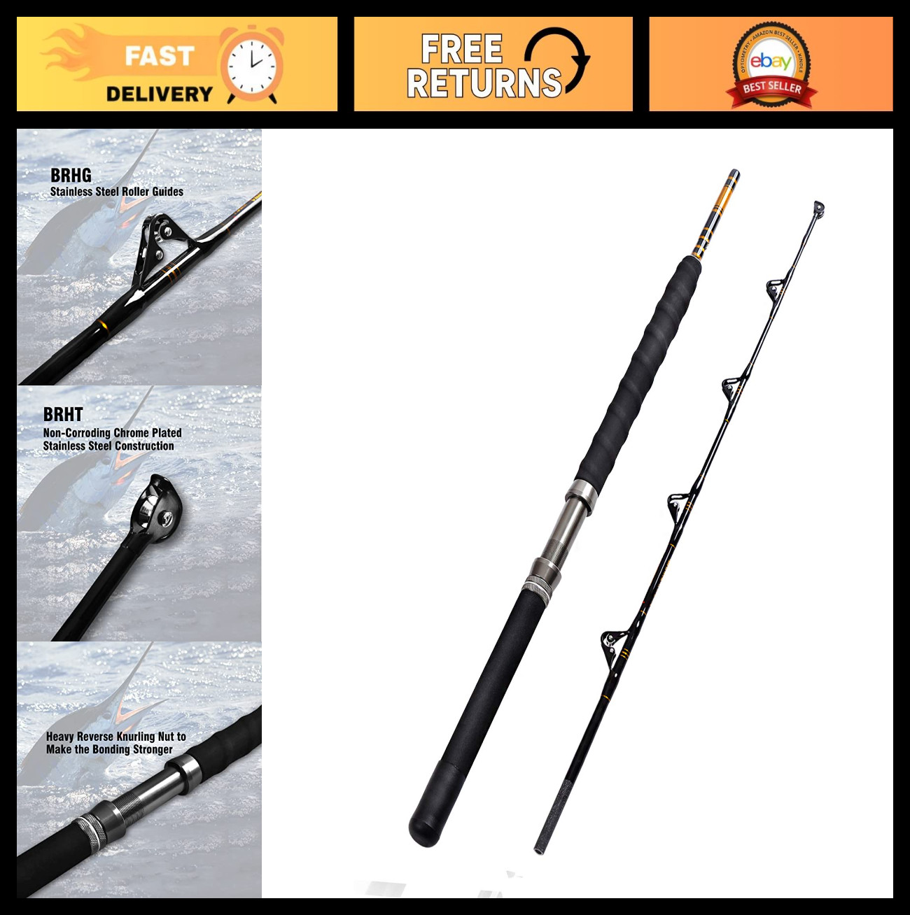 Heavy Trolling Rod 1-Piece/2-Piece Saltwater Big Game Fishing Pole with Roller G