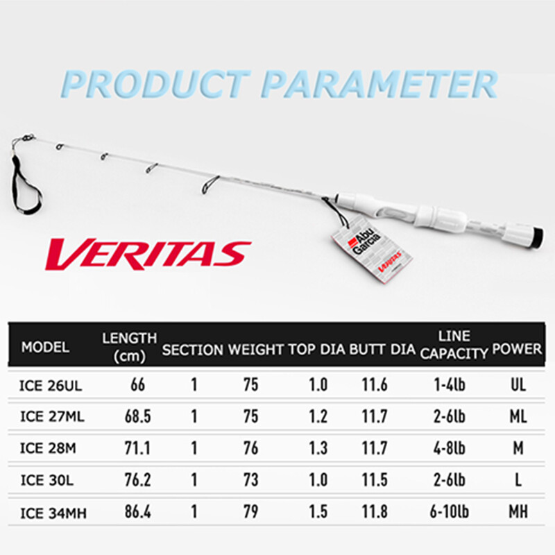 ABU GARCIA Veritas Ice Fishing Spinning Rod One Section UL M ML L MH 66-86.4cm