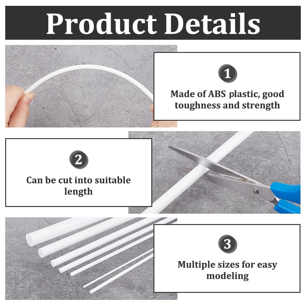 48Pcs 7 Styles Round ABS Plastic Rod Solid Acrylic Dowel Rods ABS Styrene Pla…