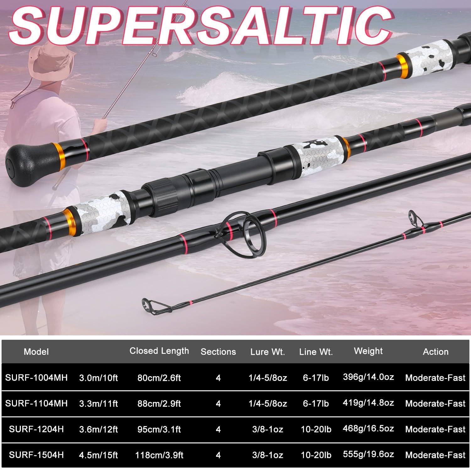 Sougayilang Surf Fishing Rod Portable Travel MH/H Surf Spinning Rod 4 Piece Carb