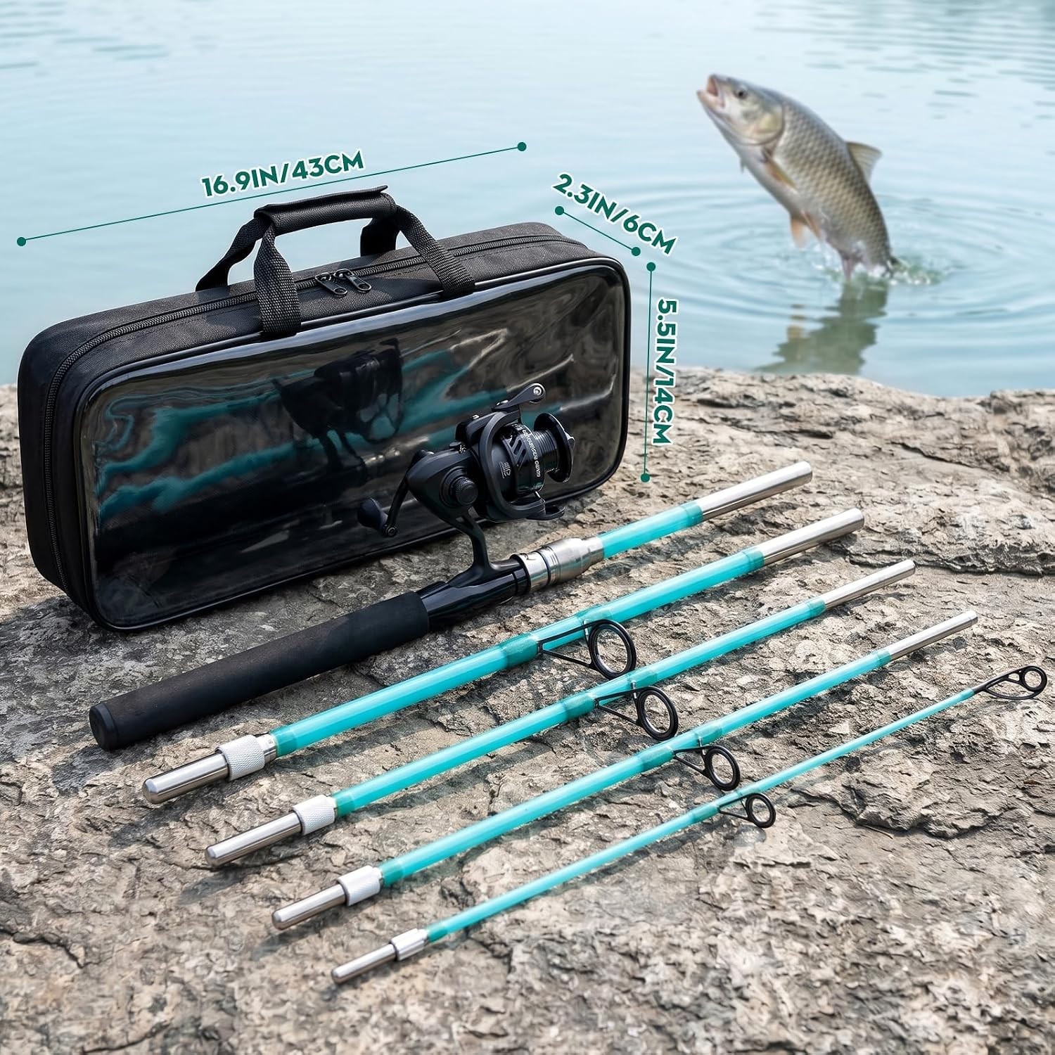 5-Piece Heavy-Duty Solid Fishing Rod Reel Combo with Travel Storage Bag
