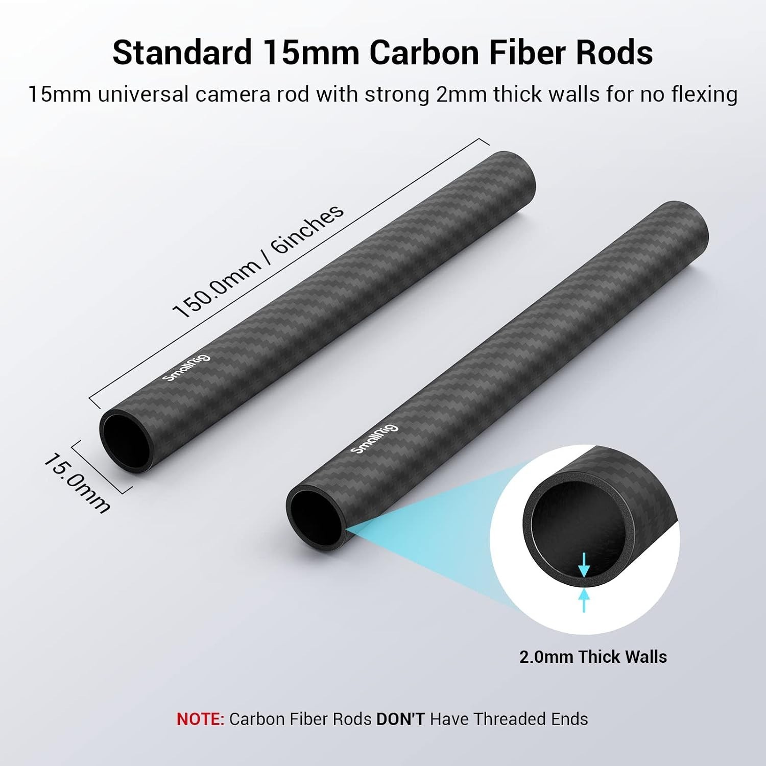High Performance 15mm Carbon Fiber Rods – 6 Inches, Ideal for Cameras – 2 Pack