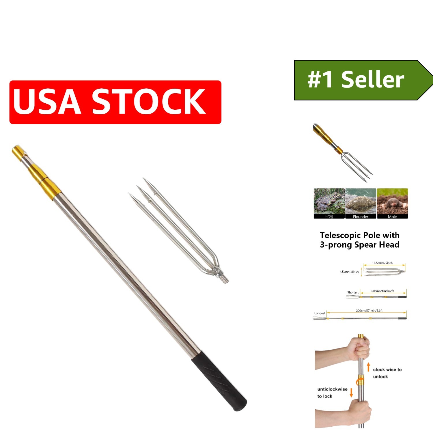 6.2ft Stainless Steel Telescopic Fishing Gaff with 3 Teeth Hook for Anglers