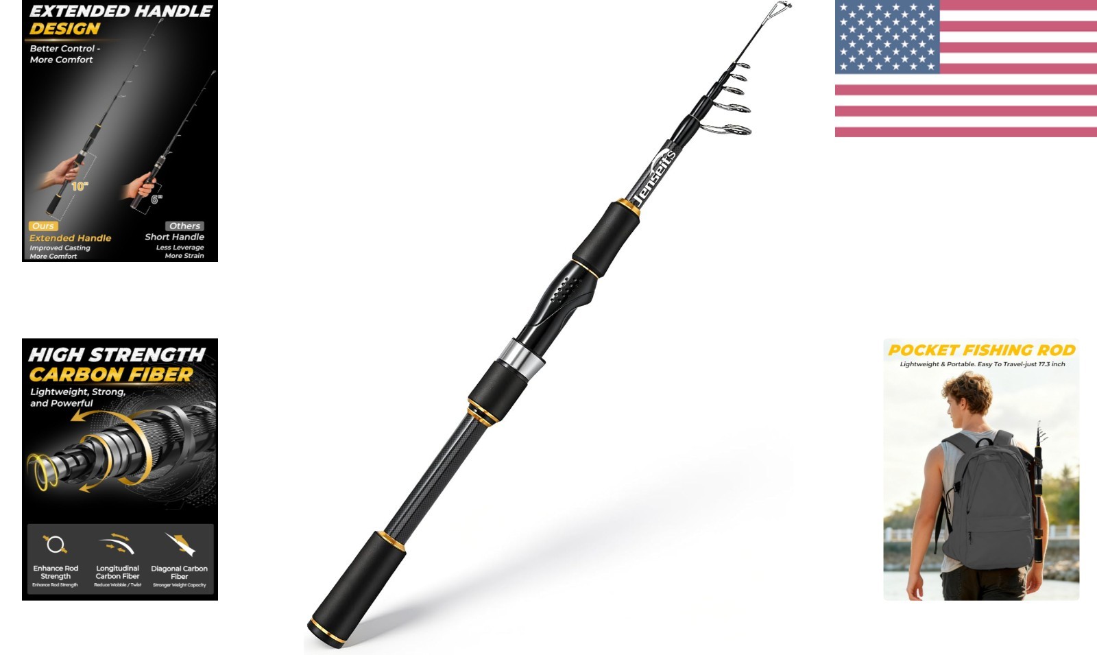 Travel Fishing Rod, Telescopic & 4-Piece Portable 24T Carbon Fiber Rod, Stain…