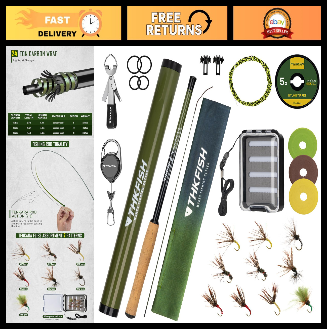 Tenkara Fly Fishing Rod Kit 8.7ft/10.6ft/11.6ft – Carbon Fiber Telescopic Combo